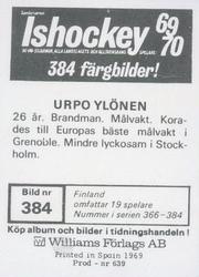 1969-70 Williams Ishockey (Swedish) #384 Urpo Ylönen Back
