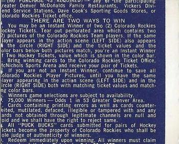 1976-77 Colorado Rockies Puck Bucks #15 Michel Plasse Back