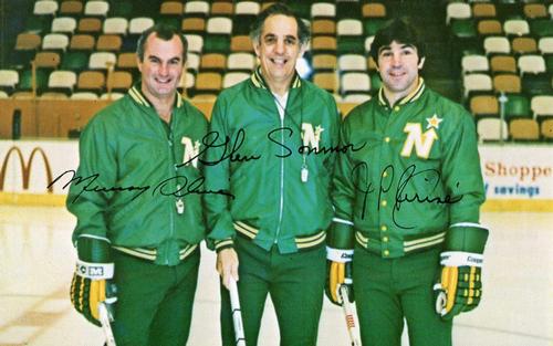 1980-81 Minnesota North Stars Postcards #NNO Murray Oliver / J.P. Parise / Glen Sonmor Front