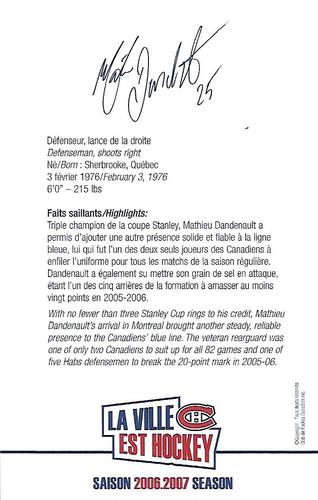 2006-07 Montreal Canadiens Postcards #NNO Mathieu Dandenault Back