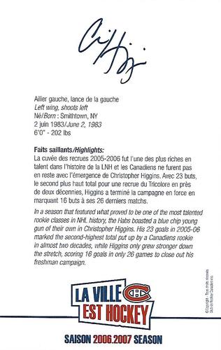 2006-07 Montreal Canadiens Postcards #NNO Chris Higgins Back