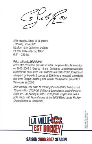 2006-07 Montreal Canadiens Postcards #NNO Guillaume Latendresse Back