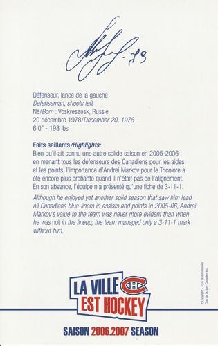 2006-07 Montreal Canadiens Postcards #NNO Andrei Markov Back
