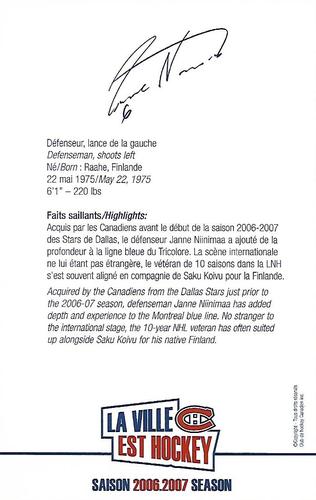 2006-07 Montreal Canadiens Postcards #NNO Janne Niinimaa Back