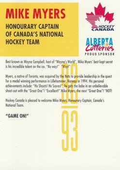1992-93 Alberta Lotteries Canada's National Team #NNO Mike Myers Back
