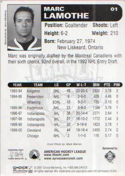 2000-01 Choice Syracuse Crunch (AHL) #1 Marc Lamothe Back