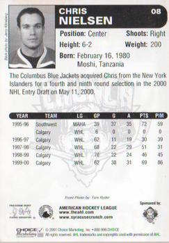 2000-01 Choice Syracuse Crunch (AHL) #8 Chris Nielsen Back