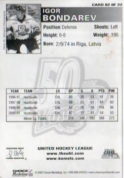 2001-02 Choice Fort Wayne Komets (UHL) #2 Igor Bonderev Back