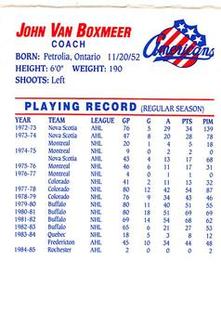 1992-93 Kodak Rochester Americans (AHL) #NNO John Van Boxmeer Back
