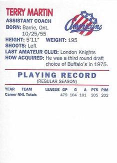 1992-93 Kodak Rochester Americans (AHL) #25 Terry Martin Back