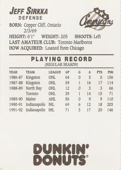 1992-93 Dunkin' Donuts Rochester Americans (AHL) #NNO Jeff Sirkka Back