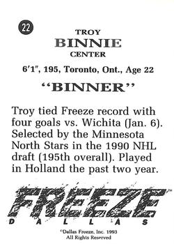 1992-93 Dallas Freeze (CHL) #NNO Troy Binnie Back