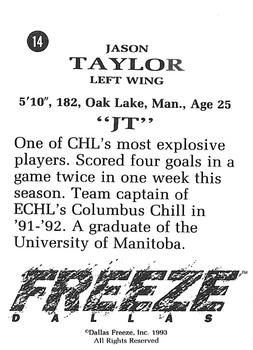 1992-93 Dallas Freeze (CHL) #NNO Jason Taylor Back