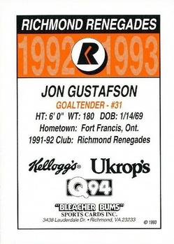 1992-93 Richmond Renegades (ECHL) #NNO Jon Gustafson Back