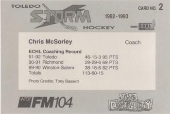 1992-93 Toledo Storm (ECHL) #2 Chris McSorley Back