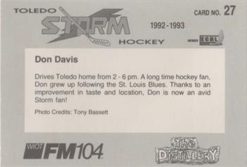 1992-93 Toledo Storm (ECHL) #27 Don Davis Back