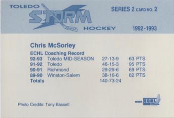 1992-93 Toledo Storm (ECHL) Series 2 #2 Chris McSorley Back