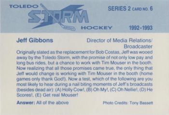 1992-93 Toledo Storm (ECHL) Series 2 #6 Jeff Gibbons Back