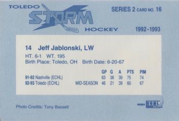 1992-93 Toledo Storm (ECHL) Series 2 #16 Jeff Jablonski Back