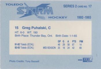 1992-93 Toledo Storm (ECHL) Series 2 #17 Greg Puhalski Back
