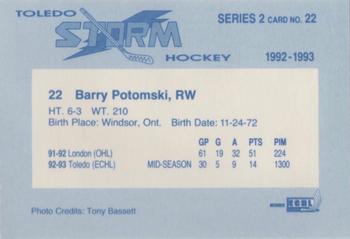 1992-93 Toledo Storm (ECHL) Series 2 #22 Barry Potomski Back