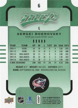 2015-16 Upper Deck MVP - Green (e-Pack) #6 Sergei Bobrovsky Back