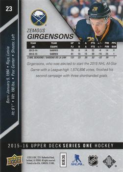 2015-16 Upper Deck - Silver Foilboard #23 Zemgus Girgensons Back