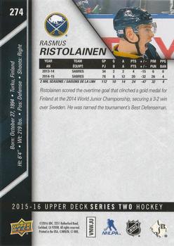 2015-16 Upper Deck - Silver Foilboard #274 Rasmus Ristolainen Back