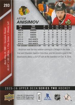 2015-16 Upper Deck - Silver Foilboard #293 Artem Anisimov Back
