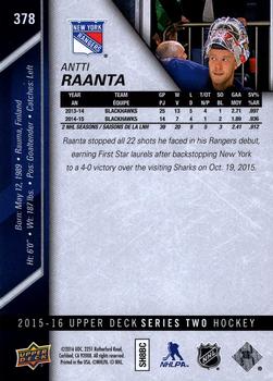 2015-16 Upper Deck - Silver Foilboard #378 Antti Raanta Back