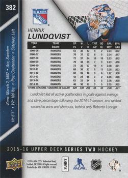 2015-16 Upper Deck - Silver Foilboard #382 Henrik Lundqvist Back