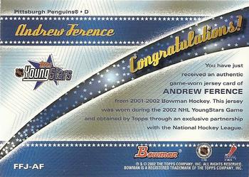 2001-02 Bowman YoungStars - Fabric of the Future Jersey #FFJ-AF Andrew Ference Back