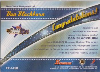 2001-02 Bowman YoungStars - Fabric of the Future Jersey #FFJ-DB Dan Blackburn Back