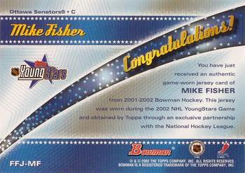 2001-02 Bowman YoungStars - Fabric of the Future Jersey #FFJ-MF Mike Fisher Back