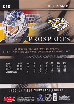 2015-16 Fleer Showcase - SkyBox Premium Prospects #S16 Juuse Saros Back