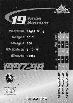 1997-98 SplitSecond Springsfield Falcons (AHL) #NNO Tavis Hansen Back