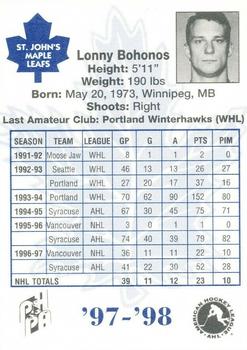 1997-98 St. John's Maple Leafs (AHL) #2 Lonny Bohonos Back