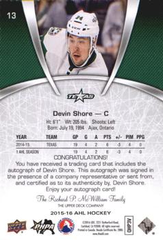 2015-16 Upper Deck AHL - Autographs #13 Devin Shore Back