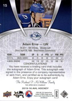 2015-16 Upper Deck AHL - Autographs #15 Adam Erne Back