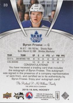 2015-16 Upper Deck AHL - Autographs #33 Byron Froese Back