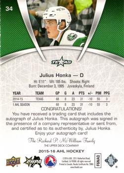 2015-16 Upper Deck AHL - Autographs #34 Julius Honka Back