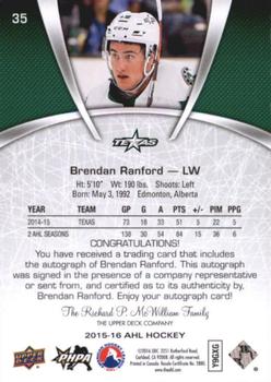 2015-16 Upper Deck AHL - Autographs #35 Brendan Ranford Back