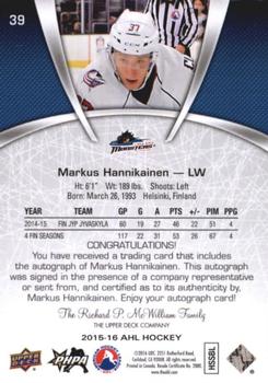 2015-16 Upper Deck AHL - Autographs #39 Markus Hannikainen Back