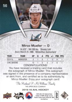 2015-16 Upper Deck AHL - Autographs #56 Mirco Mueller Back