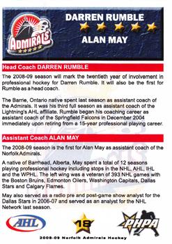 2008-09 Norfolk Admirals (AHL) #18 Darren Rumble / Alan May Back