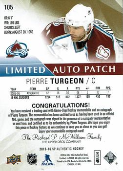 2015-16 SP Authentic - Limited Auto Patches #105 Pierre Turgeon Back