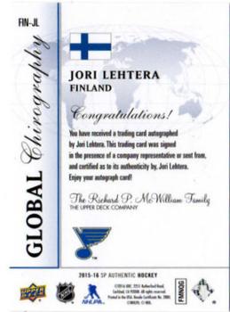 2015-16 SP Authentic - Global Chirography #FIN-JL Jori Lehtera Back