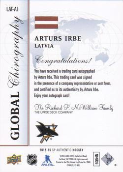 2015-16 SP Authentic - Global Chirography #LAT-AI Arturs Irbe Back