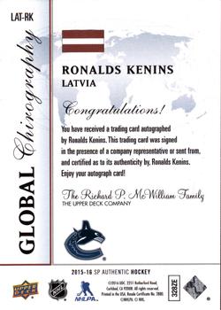 2015-16 SP Authentic - Global Chirography #LAT-RK Ronalds Kenins Back