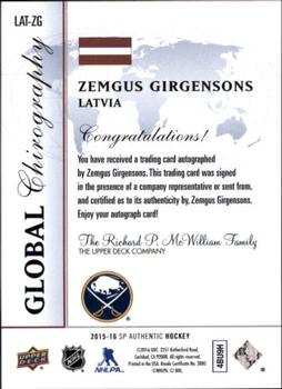 2015-16 SP Authentic - Global Chirography #LAT-ZG Zemgus Girgensons Back